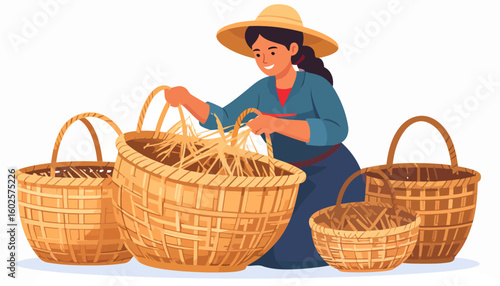 Smiling woman in a straw hat and blue dress working with several handmade wicker baskets.