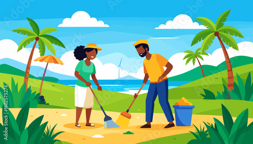 A smiling Black man and woman in colorful casual wear, cleaning together with brooms and a bucket.