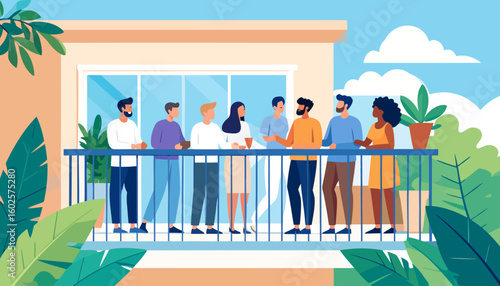 Flat vector illustration of a diverse group of young friends socializing together.