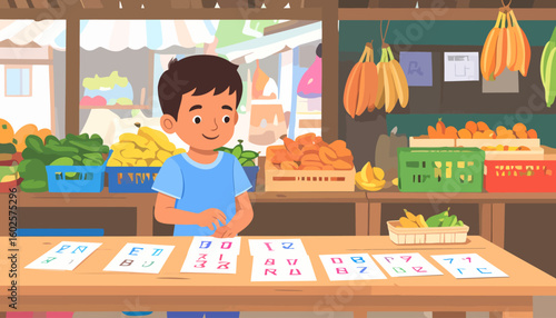 Illustrated young boy in a blue t-shirt, focused on learning with colorful alphabet and number flashcards.