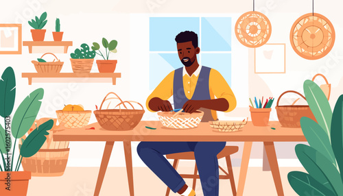 A smiling Black artisan in a yellow shirt and blue vest weaving a wicker basket at his workshop table.