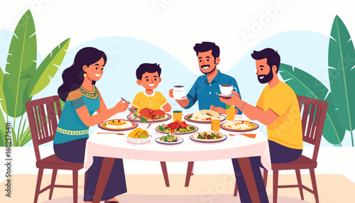 Happy South Asian family of four enjoying a festive meal together at a dining table, smiling and sharing food.