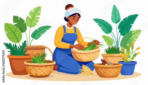 A cheerful woman in blue overalls and a headwrap, kneeling while harvesting fresh green vegetables into a woven basket.