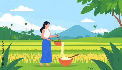 Barefoot woman in a blue skirt and white top preparing a large bowl of noodles with chopsticks.