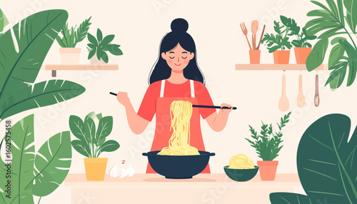 Smiling woman in a red apron lifting yellow noodles from a bowl with black chopsticks.