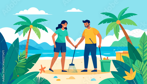 A smiling man and woman in casual attire cleaning a beach with a rake and bucket.
