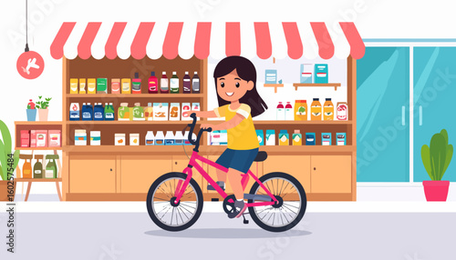 A cheerful young girl with dark hair riding her vibrant pink BMX-style bicycle.