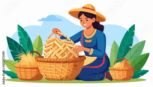 Smiling woman in a yellow hat and blue dress weaving a traditional wicker basket.