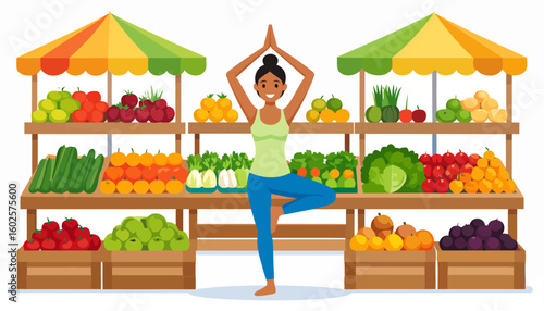 A happy woman in a yoga tree pose stands before colorful farmers market stalls filled with fresh fruits and vegetables.