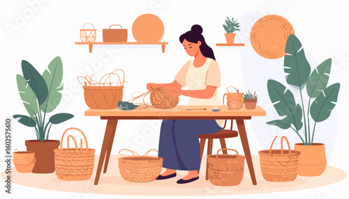A female artisan with a dark hair bun meticulously weaving a wicker basket at a wooden table.