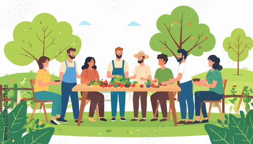 A diverse group of happy farmers and friends sharing a meal of fresh vegetables at an outdoor gathering.
