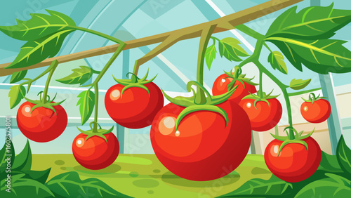 Vector art of vibrant red tomatoes ripen on the vine inside a sunlit greenhouse