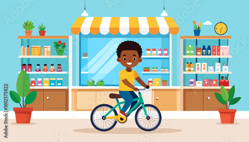 Smiling young Black boy with curly hair happily riding a colorful green and yellow bicycle.