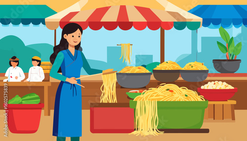 Smiling Asian woman in a blue apron selling fresh noodles at a vibrant outdoor food market stall.