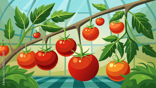 Vector art of a bountiful harvest of red and orange tomatoes hangs from branches in a modern greenhouse