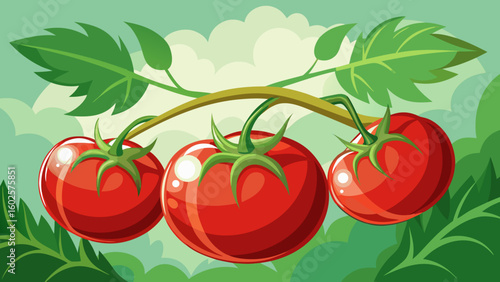 Vector art of three plump juicy red tomatoes are showcased on a leafy vine against a soft cloudy sky