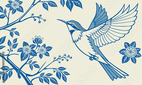 A charming blue line art illustration of a hummingbird flying near blooming branches
