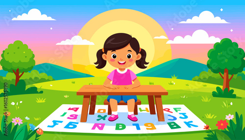 Cheerful young student girl with brown pigtails in a pink shirt sitting at a small wooden school desk.