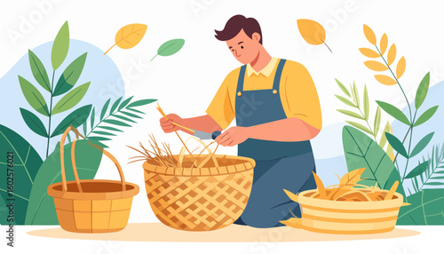 Young craftsman in blue overalls and a yellow shirt kneeling while weaving a large wicker basket.
