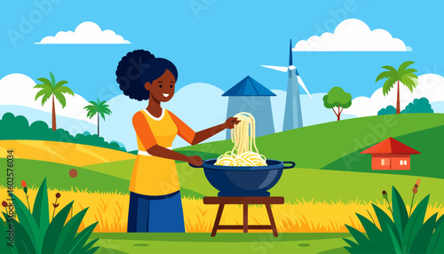 Smiling Black woman with a curly afro puff cooking noodles in a large blue pot outdoors.