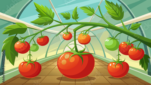 Vector art of an artistic depiction of a tomato plant with red and green fruits flourishing inside a glass greenhouse