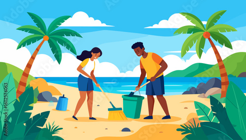 A smiling diverse couple of volunteers cleaning together, using a broom, dustpan, and a green bucket.