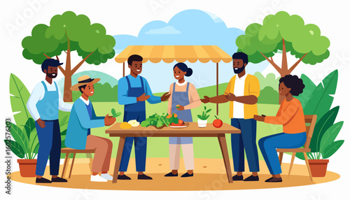 A diverse group of smiling people gathering at an outdoor farmers' market stall with fresh produce.