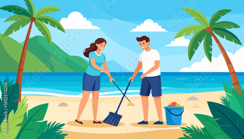 Smiling young couple in casual attire cleaning a beach with a broom and dustpan, working together as volunteers.