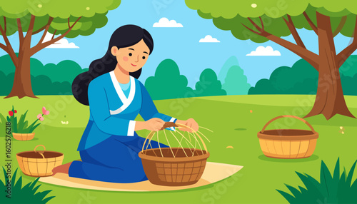 A smiling woman in a blue robe kneels while weaving a traditional wicker basket.