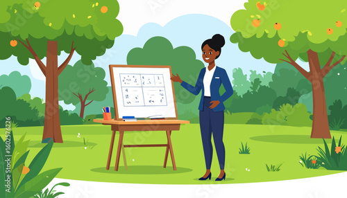 Smiling African American woman in a blue suit presenting a business chart on a whiteboard.
