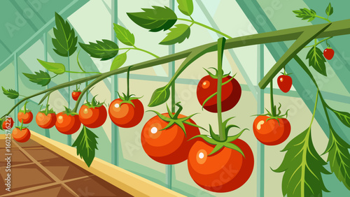 Vector art of a vibrant greenhouse filled with ripe red tomatoes hanging from vines