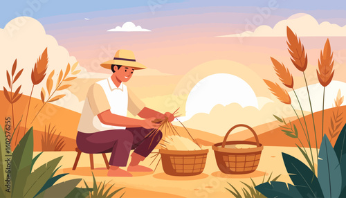 A smiling farmer in a straw hat sitting on a stool, processing harvested grain into a wicker basket.