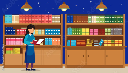 Young woman with long black hair reading a book in a cozy library at night, surrounded by colorful bookshelves under warm lamplight.
