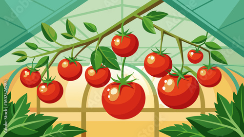 Vector art of a vibrant greenhouse filled with ripe red tomatoes hanging from vines