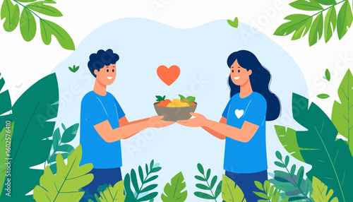 A smiling man and woman in blue shirts hold a bowl of fruit together under a red heart.