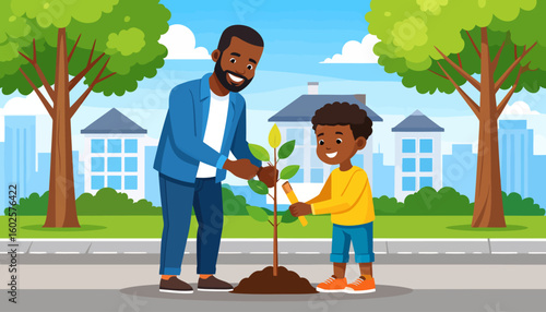 Happy African American father and son planting a young tree together on a city sidewalk.
