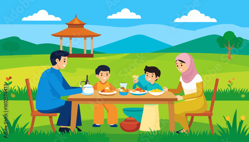 A cheerful Muslim family of four enjoying a meal together at an outdoor picnic table.