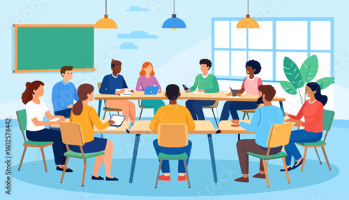 Diverse group of students in a modern classroom setting, collaborating and learning together. Flat vector illustration of a seminar or workshop.
