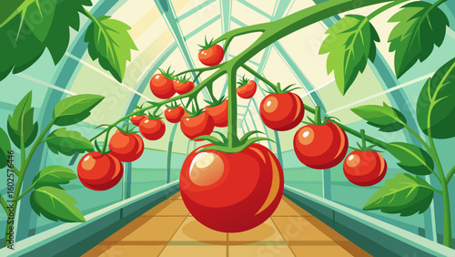 Vector art of vibrant red tomatoes ripen on the vine in a sunlit greenhouse
