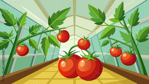 Vector art of a cluster of ripe red tomatoes hangs from a plant inside a bright greenhouse
