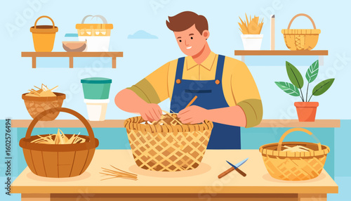 Happy male artisan in a workshop, skillfully weaving a large wicker basket by hand.