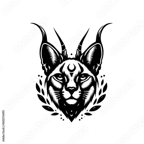 Mystical caracal head with symbolic adornments
