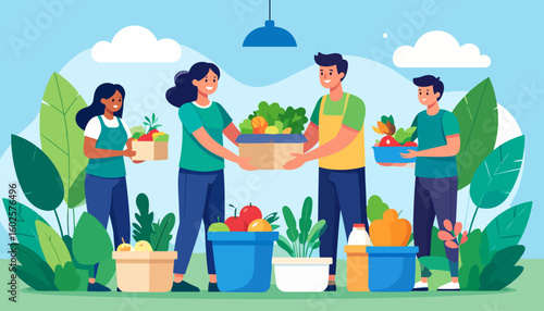 A diverse group of happy volunteers sharing boxes of fresh, organic produce. Flat illustration style showing community food donation and support.