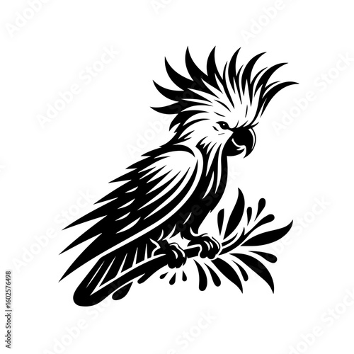 A stylized black and white illustration of a cockatoo perched on a branch isolated on white background