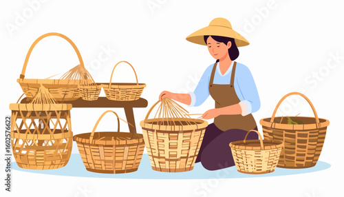 Female artisan in a straw hat and apron skillfully weaving a traditional wicker basket by hand, surrounded by her finished work.