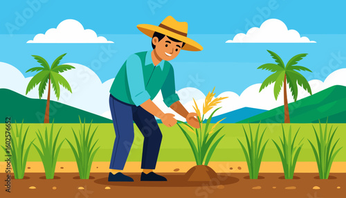 Smiling farmer in a yellow straw hat and teal shirt tending to a ripe rice plant.