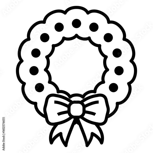 Tiempo de Navidad. Icono con corona navideña de hojas y bayas de acebo y lazo de cinta con líneas para tarjetas y felicitaciones