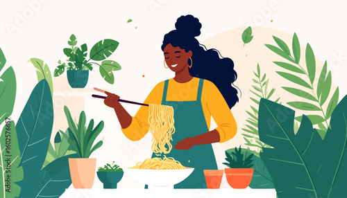 Happy Black woman with a top bun hairstyle and gold earrings eating noodles with chopsticks, surrounded by lush green houseplants.