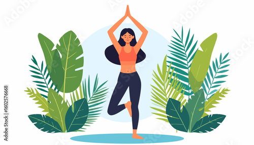 A serene woman with long dark hair practicing the yoga tree pose (Vrikshasana) with a peaceful expression.