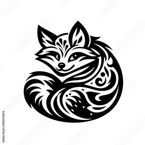 A stylized black and white fox curled up isolated on white background